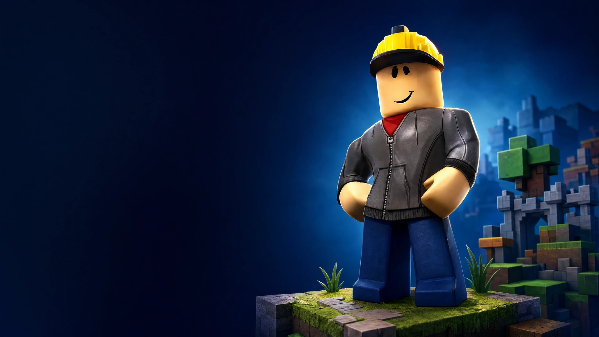 Avatar kiểu Roblox với mũ bảo hộ màu vàng, áo khoác xám và địa hình thế giới trò chơi dạng khối